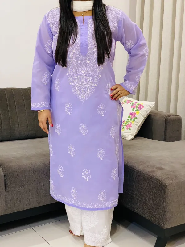 Voil Cotton Chikankari Women's Solid Long Kurta