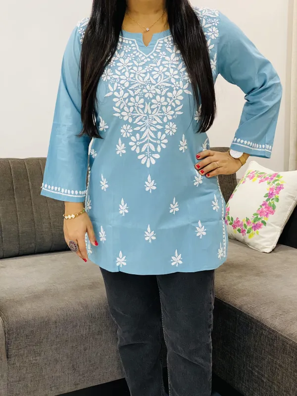 English Blue Ekra Heavy Cotton Chikankari Short Top