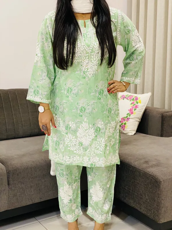 Pista Vaani Mulmul Chikankari Hand Embroidered Floral Women's co-ord set