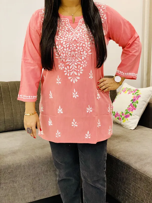 Cotton Chikankari Solid Women's Short Kurta