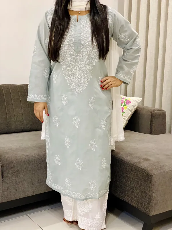 Voil Cotton Chikankari Women's Solid Long Kurta