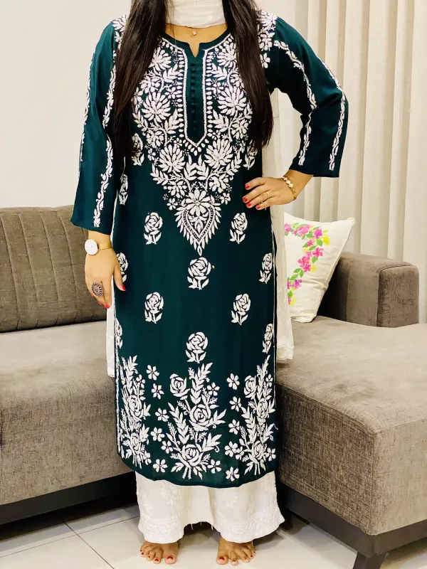 Bottle Green Naaz Premium modal chikankari long kurti