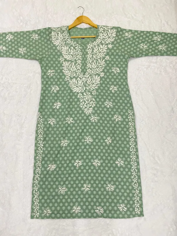 Saunf Green Inayat Cotton Chikankari Hand Embroidered Women's Long Kurta