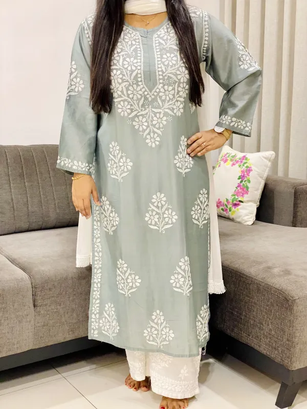 Premium Chanderi Chikankari Women's Solid Long Kurta