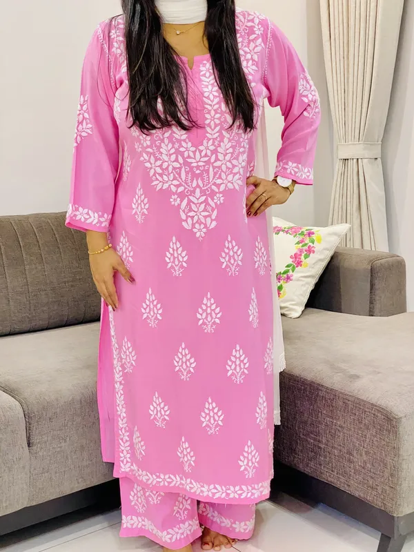Rayon Chikankari Solid Women's Long Kurta Palazzo Set