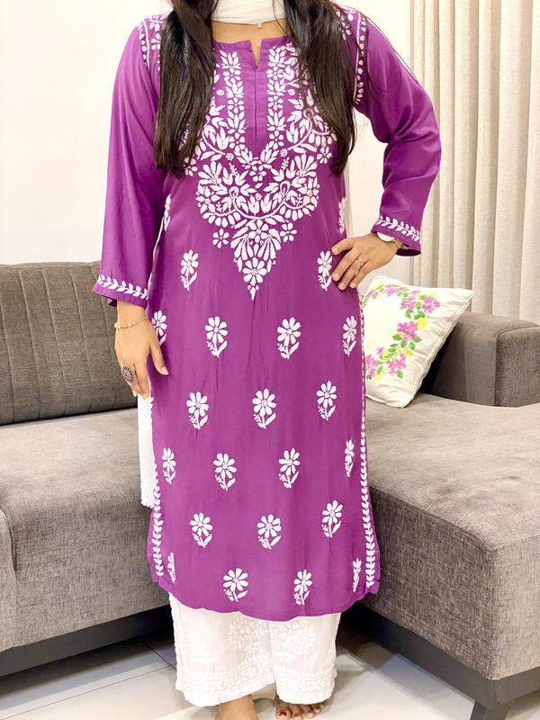 Mauve Evana Chikankari Handwork Rayon Kurti